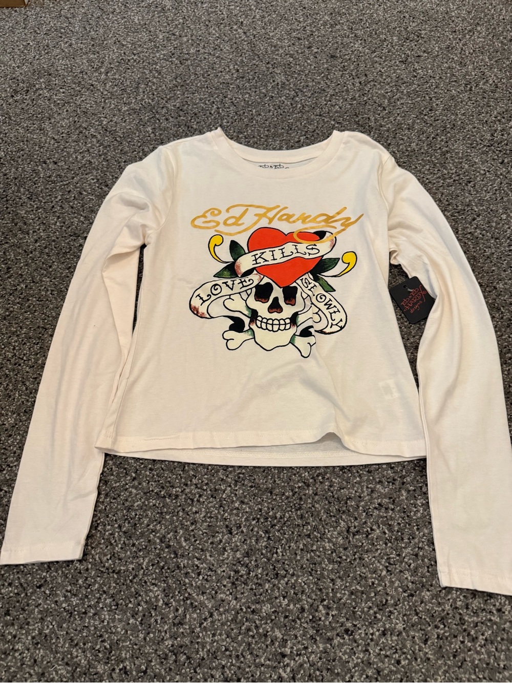 Ed Hardy White Long Sleeve Tee with Red Heart Skull Graphic